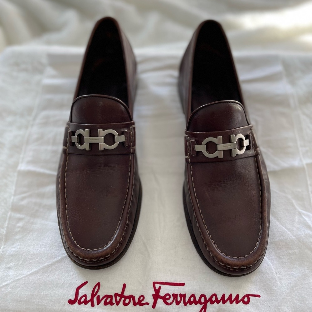 Salvatore Ferragamo Gancini Horse Bit Men’s Brown Leather Loafers Size 9